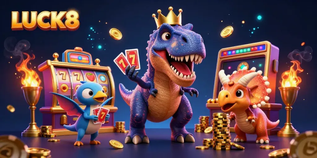 LUCK8 T-Rex shuffles cards while a helpful pterodactyl assists, surrounded by vibrant slot machines and golden elements.