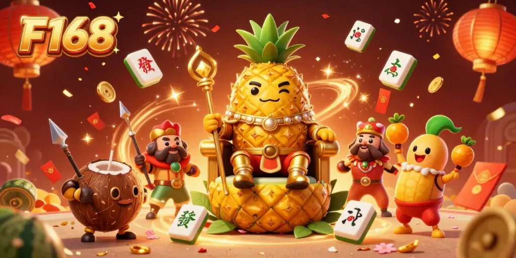 Experience F168's vibrant casino atmosphere with the golden pineapple king and friends.