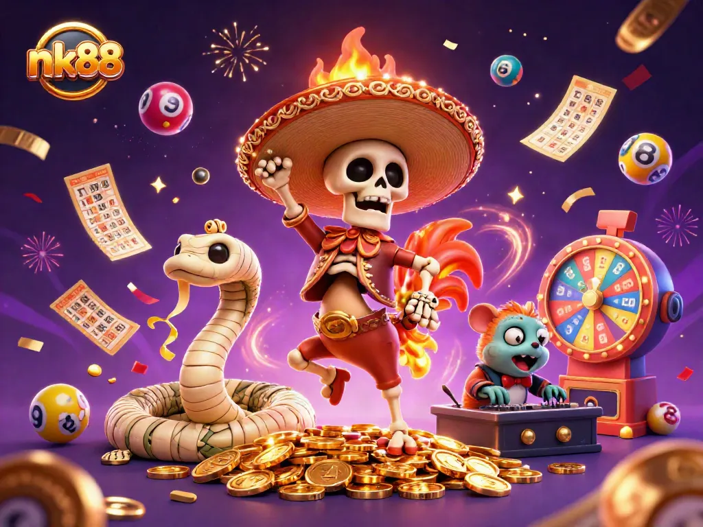 Experience the excitement of nk88 with a lively 3D cartoon casino scene featuring colorful lottery balls.