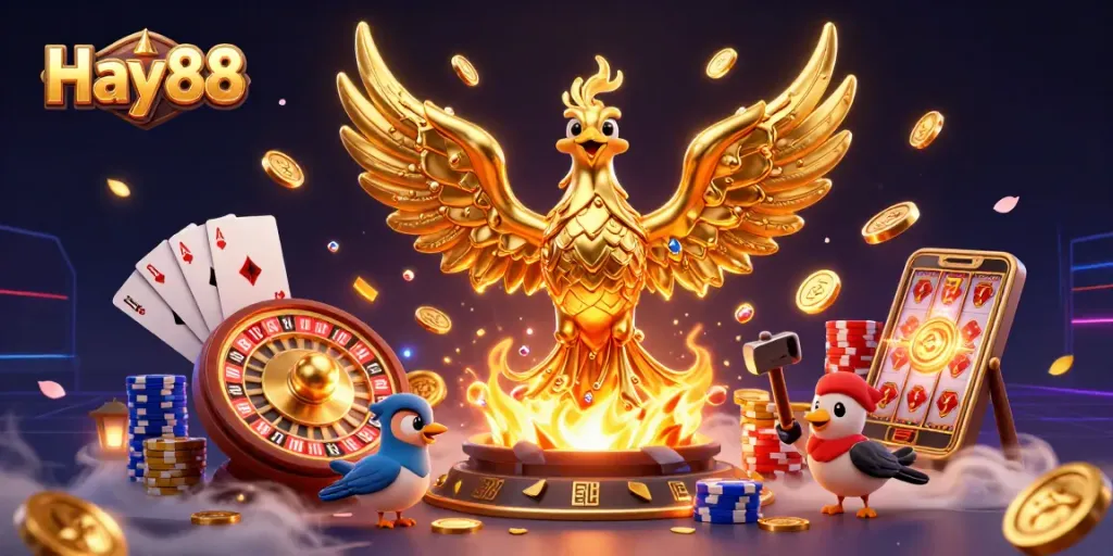 Experience the thrilling gambling scene at Hay88 with a golden phoenix and cascading coins in a vibrant casino