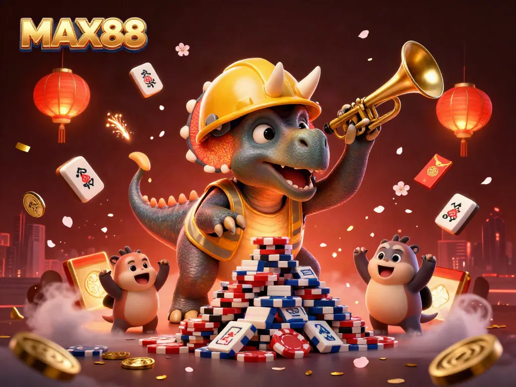 MAX88 showcases a vibrant celebration scene with cartoon characters building poker chips.