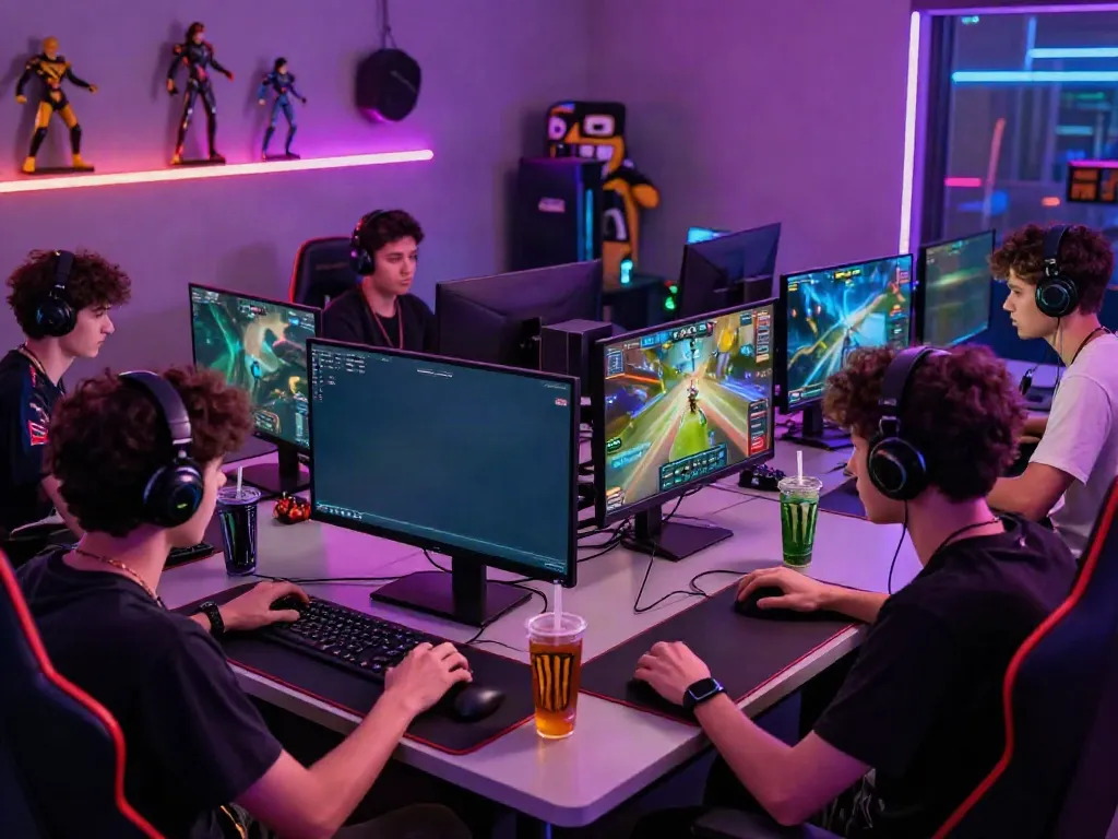 Diverse gamers at a lively gaming station with HITCLUB offerings.