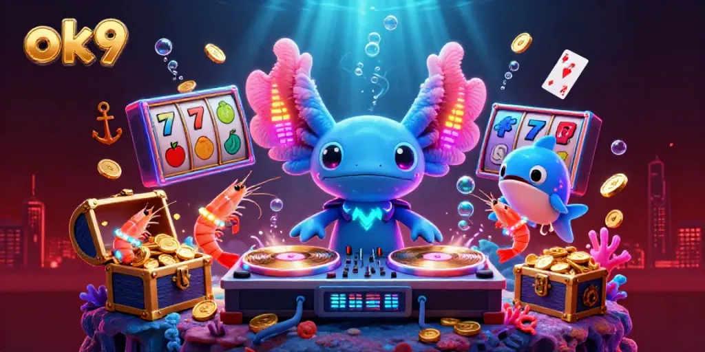 Engage with ok9 in a vibrant underwater casino scene featuring a DJ axolotl spinning winning slot reels.