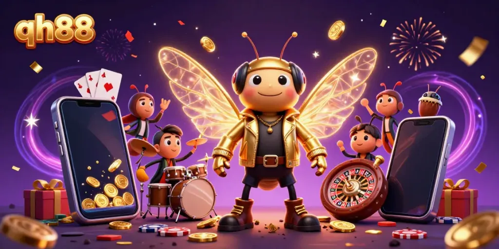 Experience the excitement of qh88 with a vibrant 3D scene featuring a cartoon cicada rock star and casino games.