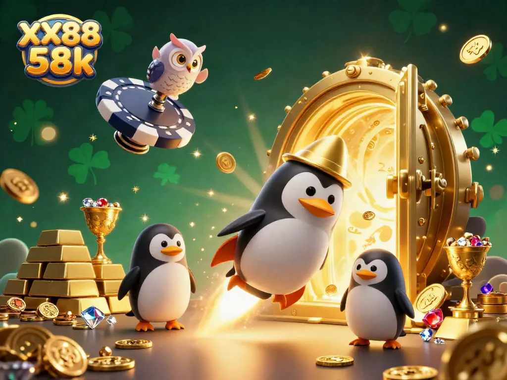 Experience the excitement of XX88 58k in a vibrant, dynamic casino scene featuring a golden penguin and treasures.