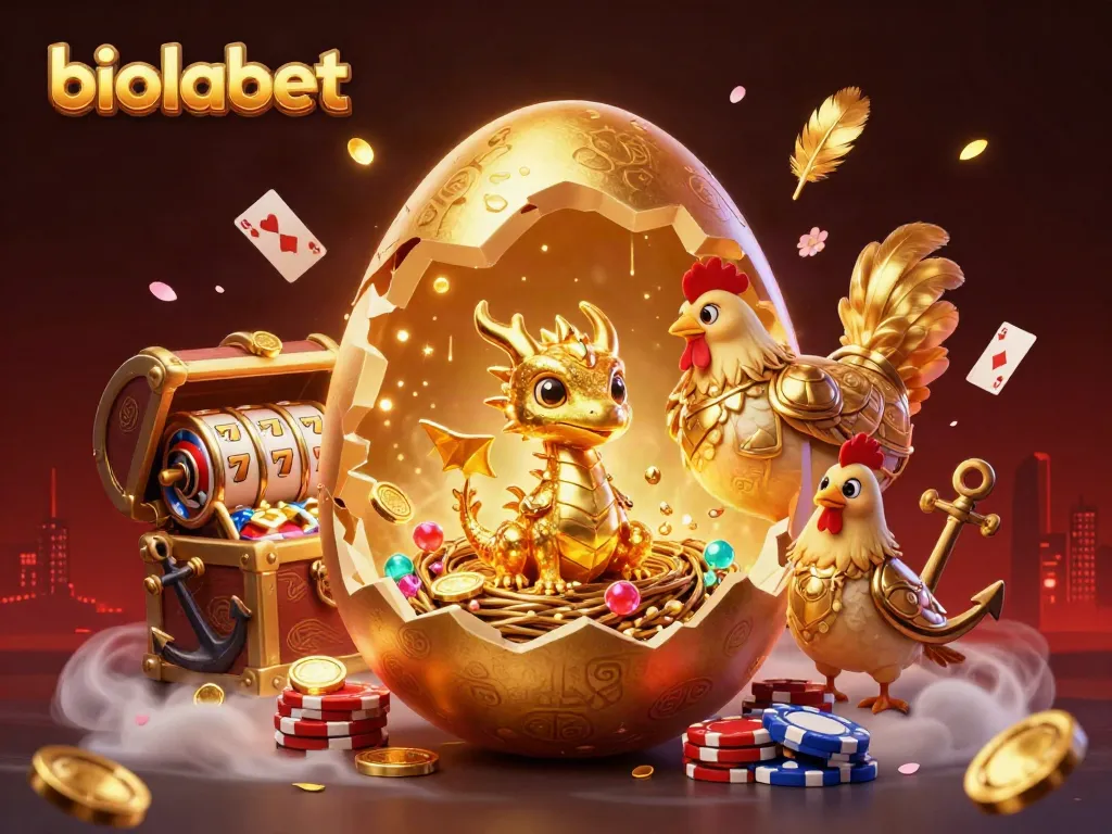 Join the excitement of biolabet with golden dragon, poker chips, and slot reels.