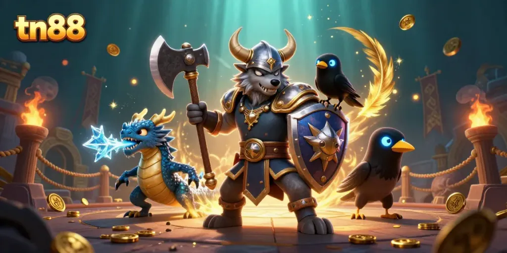 Tn88 interactive gaming scene with a Viking wolf warrior and fierce dragon in a dynamic casino setting.