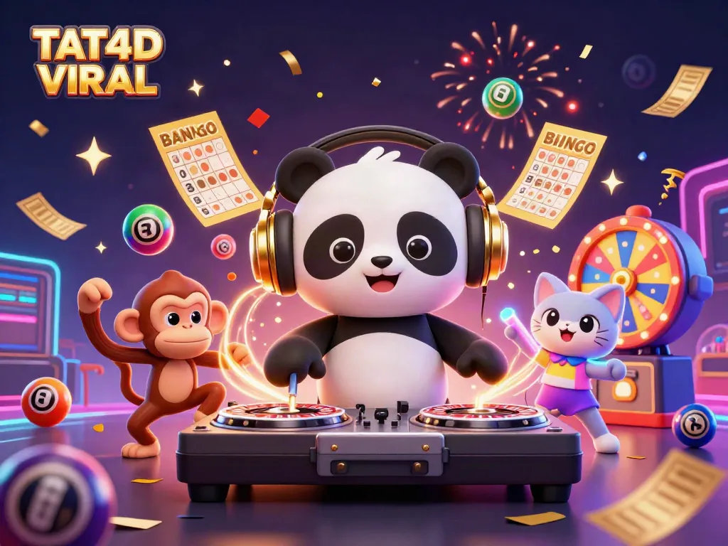 Experience TAT4D VIRAL with our lively 3D digital illustration featuring a DJ panda, dancing monkey, and glow-stick kitten in a vibrant casino environment.