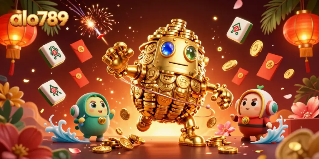 Engage in thrilling gameplay at ALO789 with vibrant casino elements, golden golem, and lucky symbols.