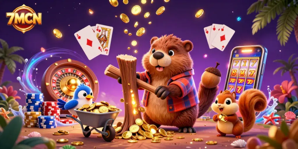 Engage with 7MCN's vibrant gaming scene featuring cartoon beaver and friends collecting virtual coins.