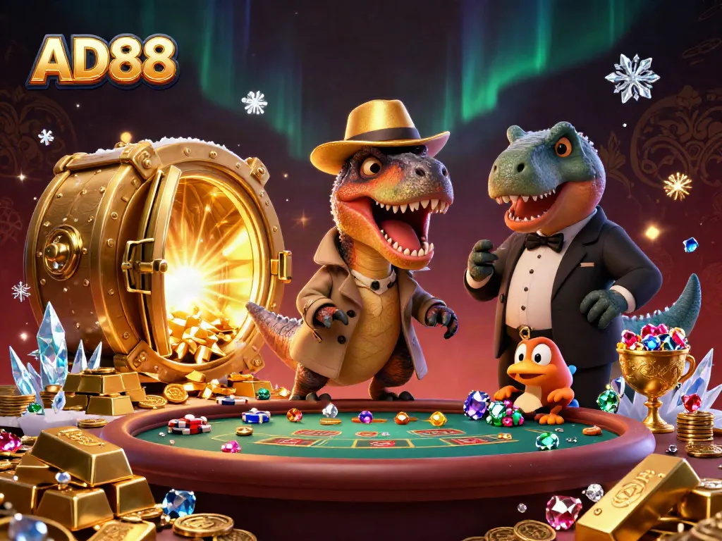 Experience high-stakes gaming at AD88 featuring characters in a lively blackjack scene filled with treasures.