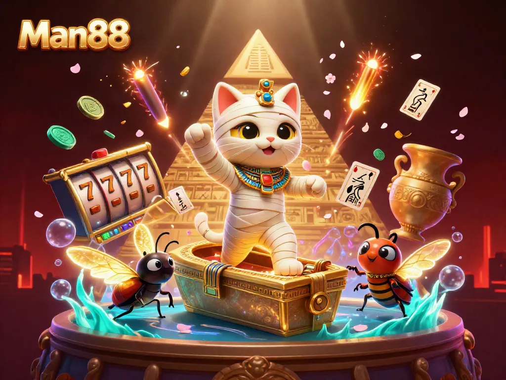 Discover exciting wins with Man88 in a vibrant online casino world featuring 3D characters and dynamic game elements.