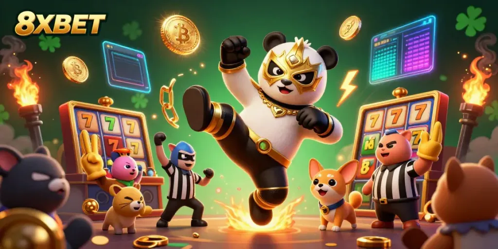 Experience thrilling gameplay at 8XBET as a panda wrestler delivers an epic kick!