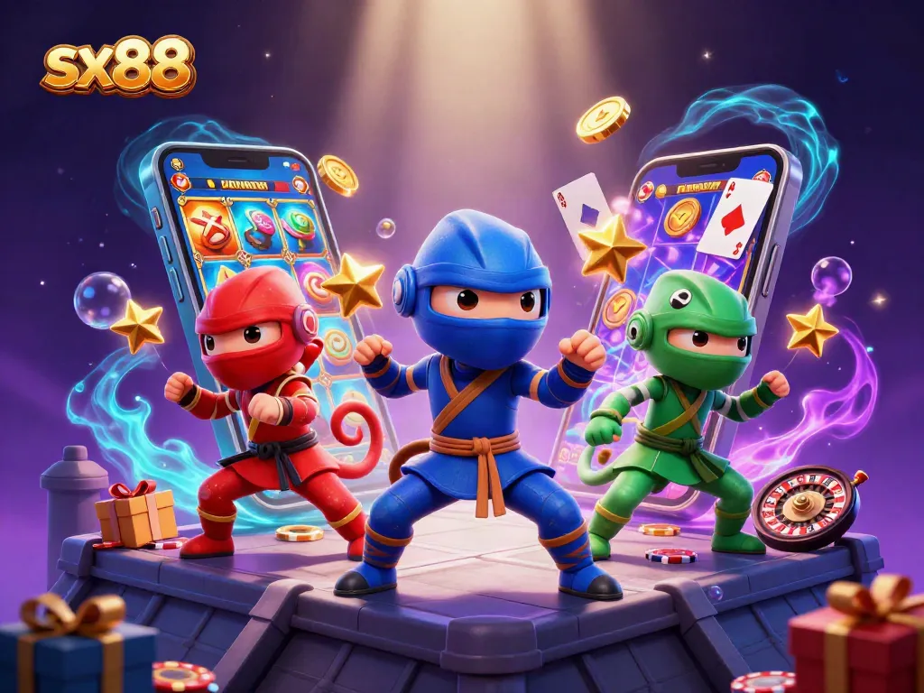 SX88 ninjas showcasing synchronized martial arts with dynamic slot game elements and vibrant visuals