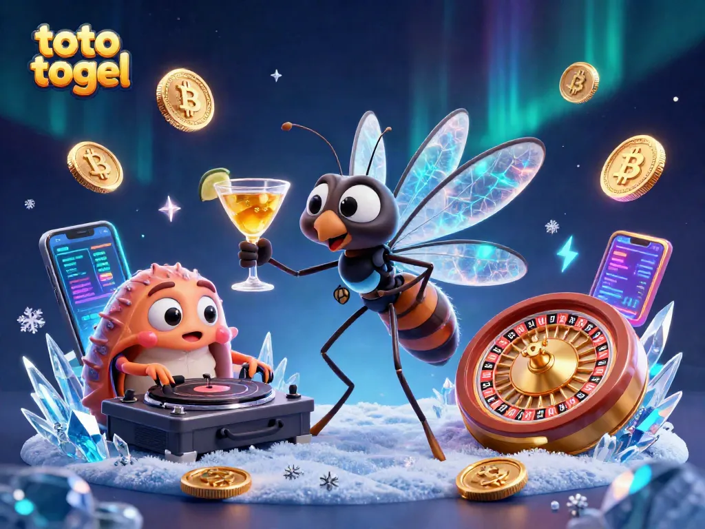 Engage with thrilling toto togel gameplay as a lively frozen mosquito mascot sparks excitement in a vibrant casino atmosphere.