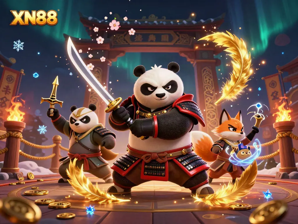 Xn88 showcases an action-packed 3D scene featuring a samurai panda and ninja fox in a vibrant casino setting.