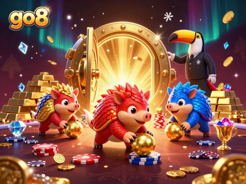 Engaging go8 scene: rival pangolins in red and blue armor bowling through poker chips in a festive casino