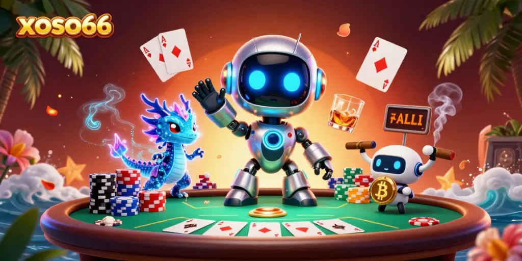 Play exciting games at xoso66 with a vibrant casino atmosphere featuring a dynamic cyberpunk mascot.