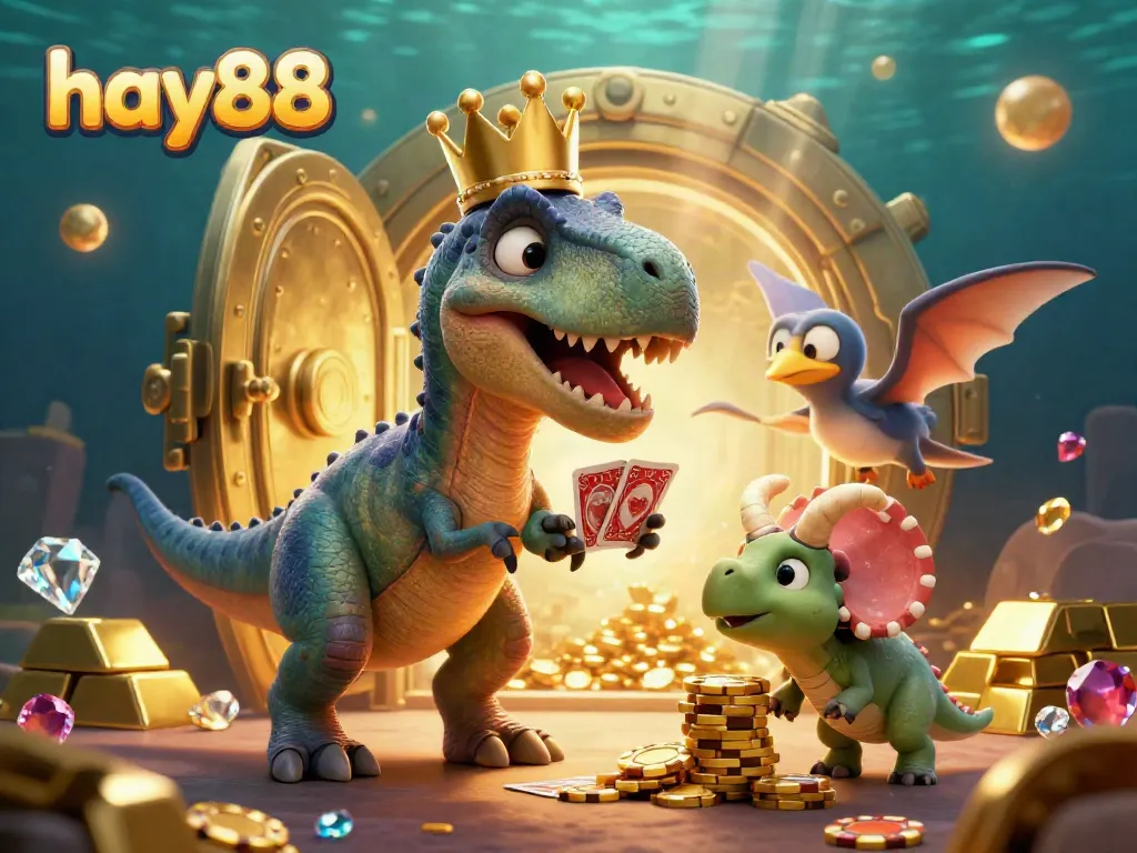 Experience thrilling fun at hay88 with a cartoon T-Rex shuffling cards, a pterodactyl helping, and a baby triceratops stacking chips.