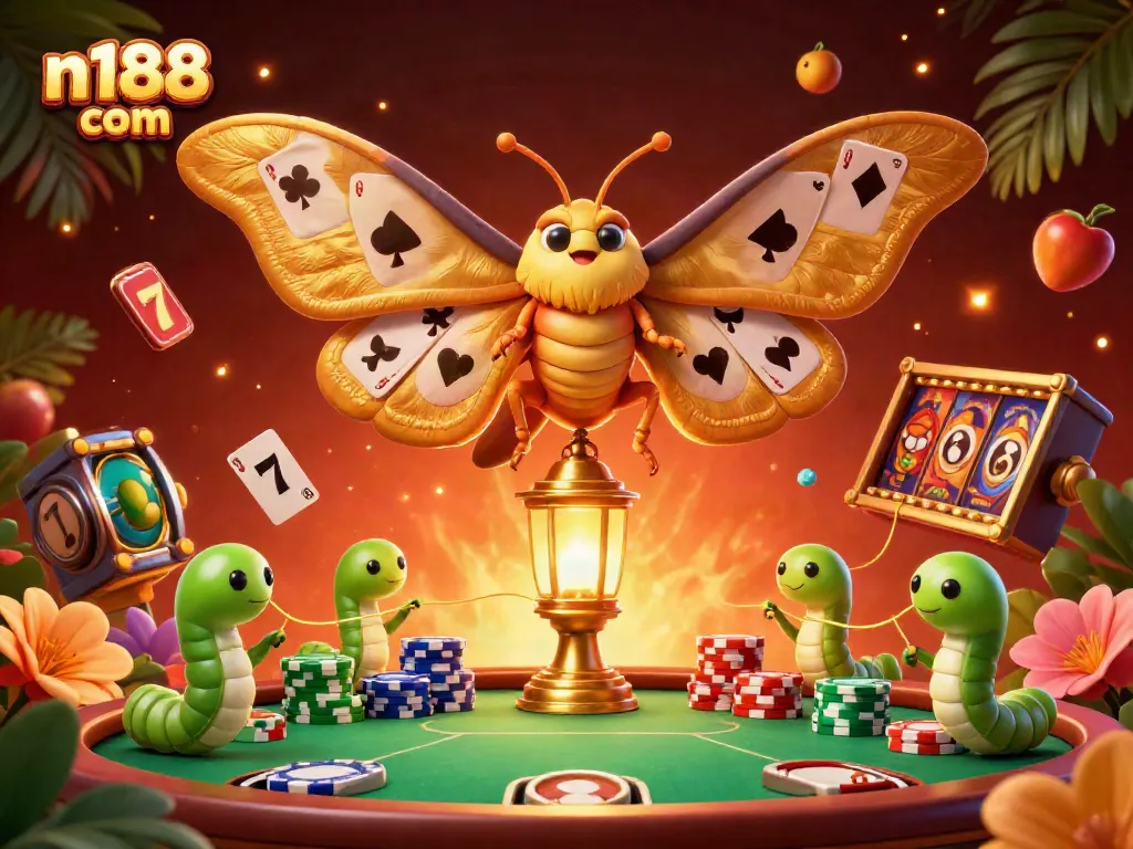 Experience thrilling gameplay with n188 com featuring a majestic atlas moth amidst vibrant casino elements.