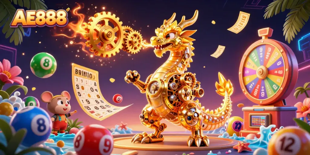 Engage with AE888's thrilling gaming scene featuring a golden dragon and dynamic lottery elements.