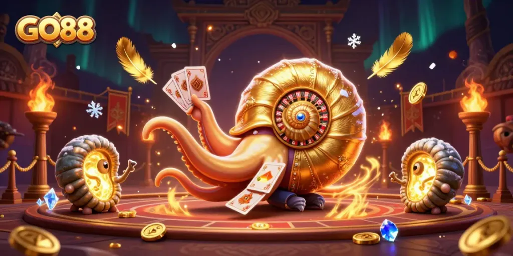 Join the excitement of GO88 casino with an ancient nautilus roulette wheel amidst golden treasures.