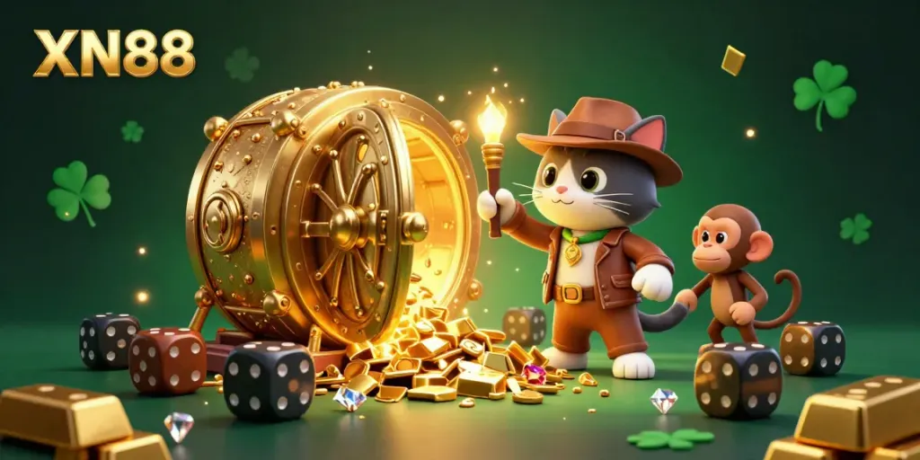 Experience the thrill of discovery with XN88 in a vibrant casino-themed illustration featuring adventurous characters.