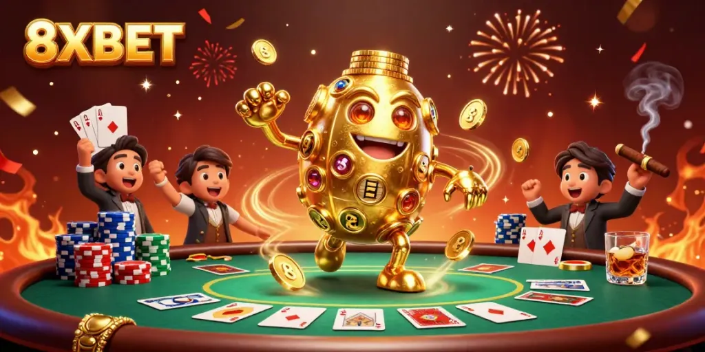 Experience big wins at 8XBET with a golden golem surrounded by poker chips and festive decorations.