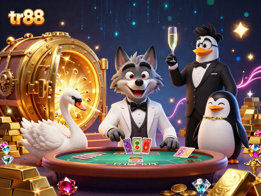 Enter a realm of excitement with tr88 at a lavish casino scene featuring animated characters and treasures.