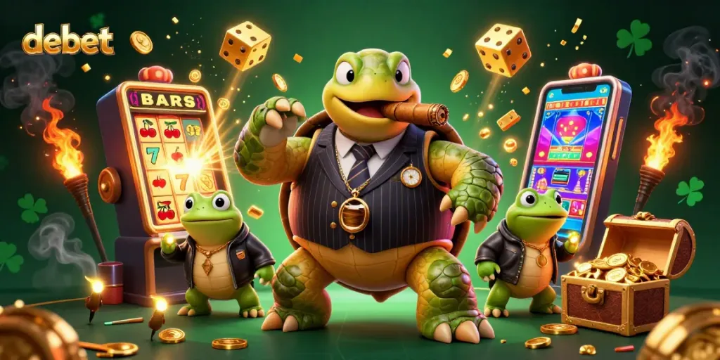 Experience debet gaming excitement with a vibrant casino scene featuring a snapping turtle in a casino.