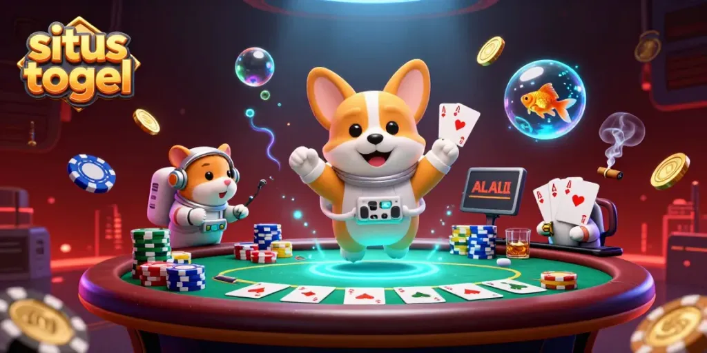 Engage in situs togel excitement with a 3D cartoon astronaut corgi in a vibrant casino scene.