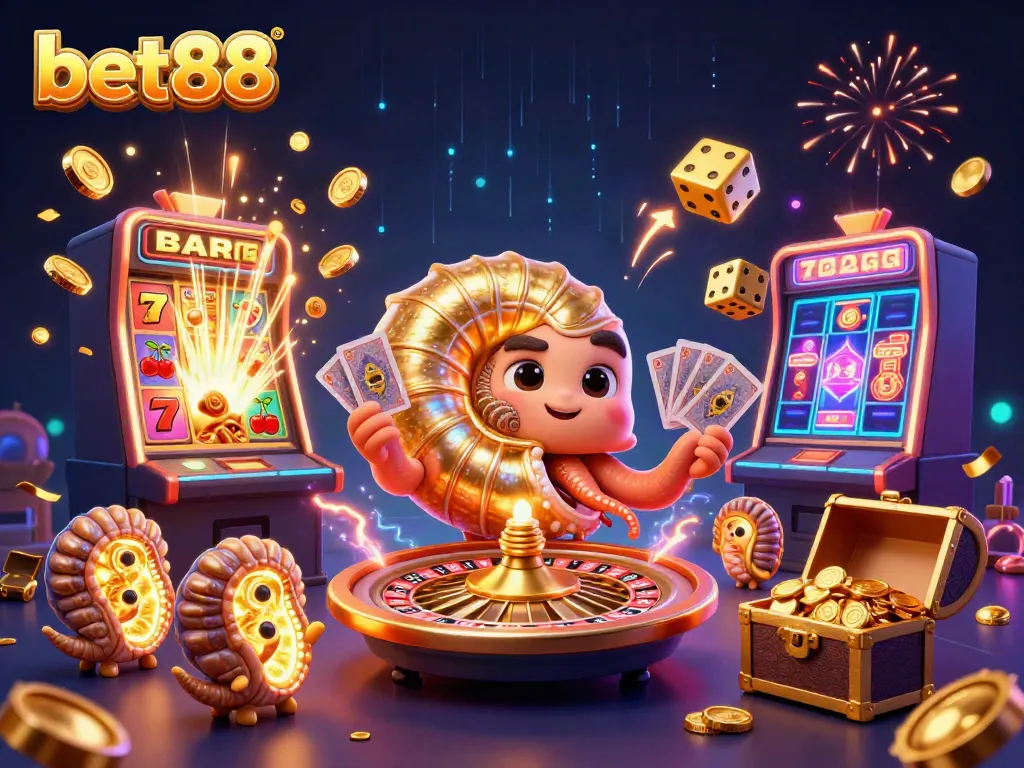 Experience thrilling casino fun at bet88 with a vibrant jackpot scene, featuring a giant nautilus and slot machine.