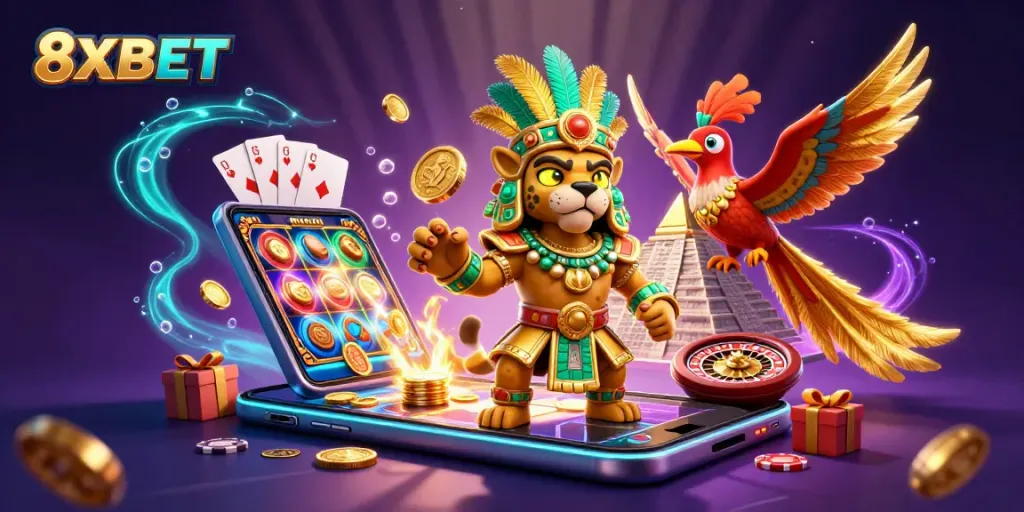 Spin and win at 8XBET, featuring a vibrant casino scene with ancient Mayan elements and dynamic gaming visuals.