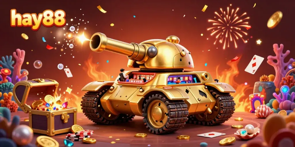 Experience excitement with hay88's vibrant casino tank scene overflowing with confetti, gold coins, and treasures.