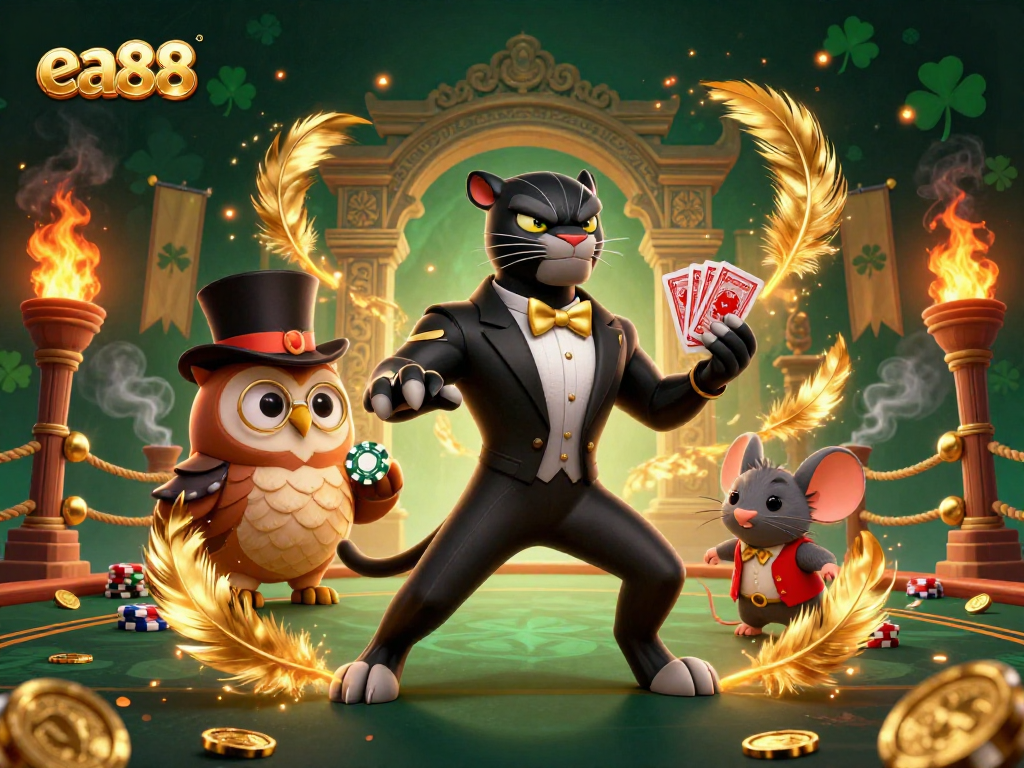 ea88 characters engaging in a dynamic card game with a stylish panther, a wise owl, and a lucky mouse.