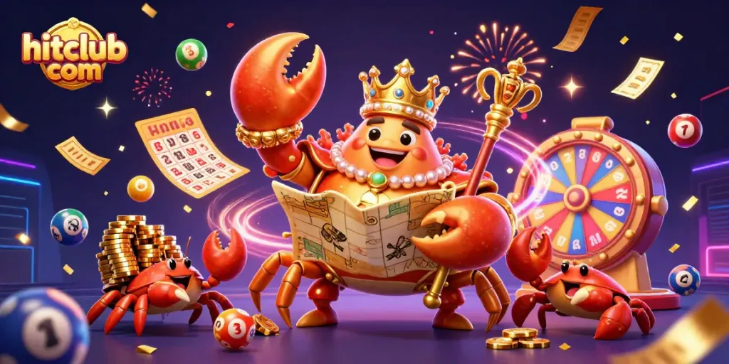 Join the excitement at hitclub com with vibrant lottery and bingo elements in this festive illustration.