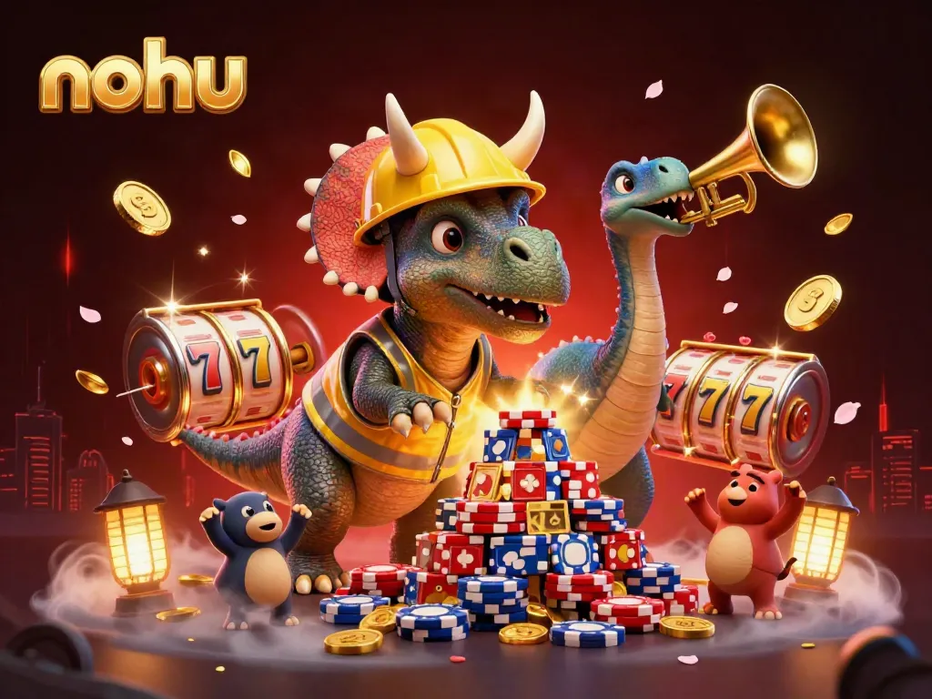 Nohu offers thrilling jackpots with vibrant 3D graphics featuring slot reels and cheering dinosaurs.
