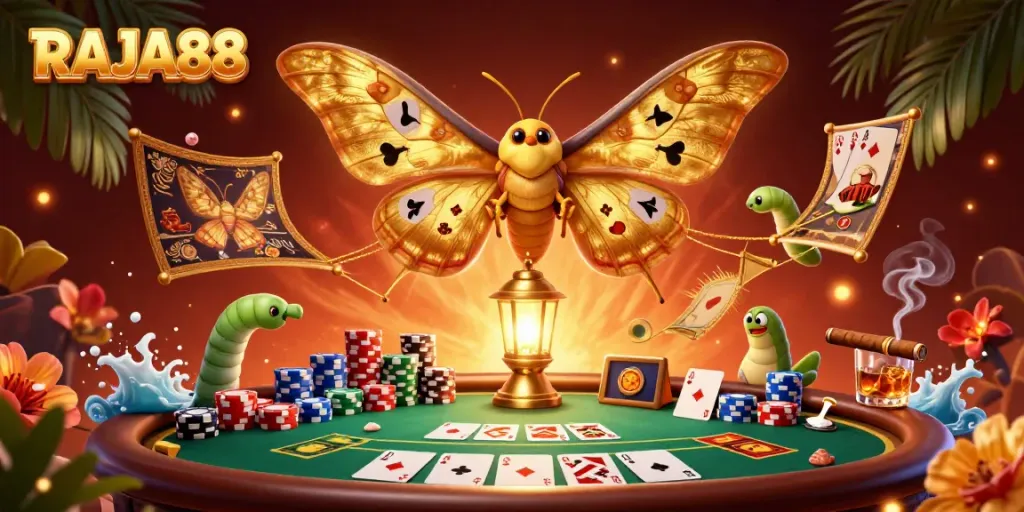 Experience the vibrant world of RAJA88 with a majestic 3D atlas moth, poker elements, and golden casino symbols.