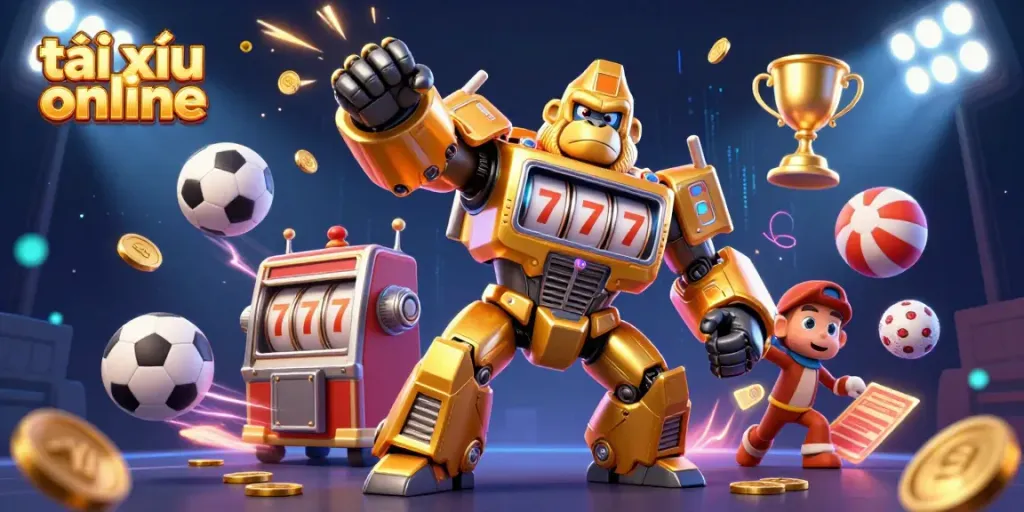 Experience the excitement of tài xỉu online with this vibrant casino-themed 3D illustration featuring a golden gorilla mech.
