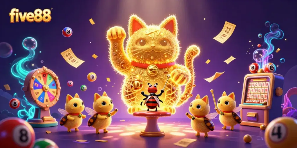 Engage with five88's online casino experience, featuring a vibrant lucky cat and dynamic game elements.