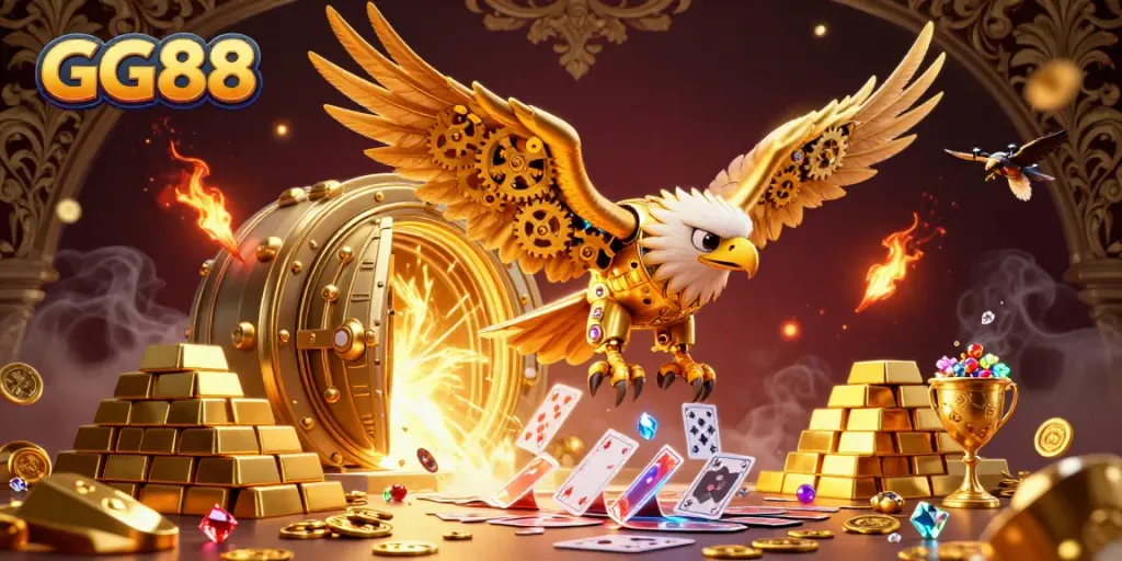Engage in rich gaming experiences with GG88 as a golden eagle soars through holographic cards and treasures.