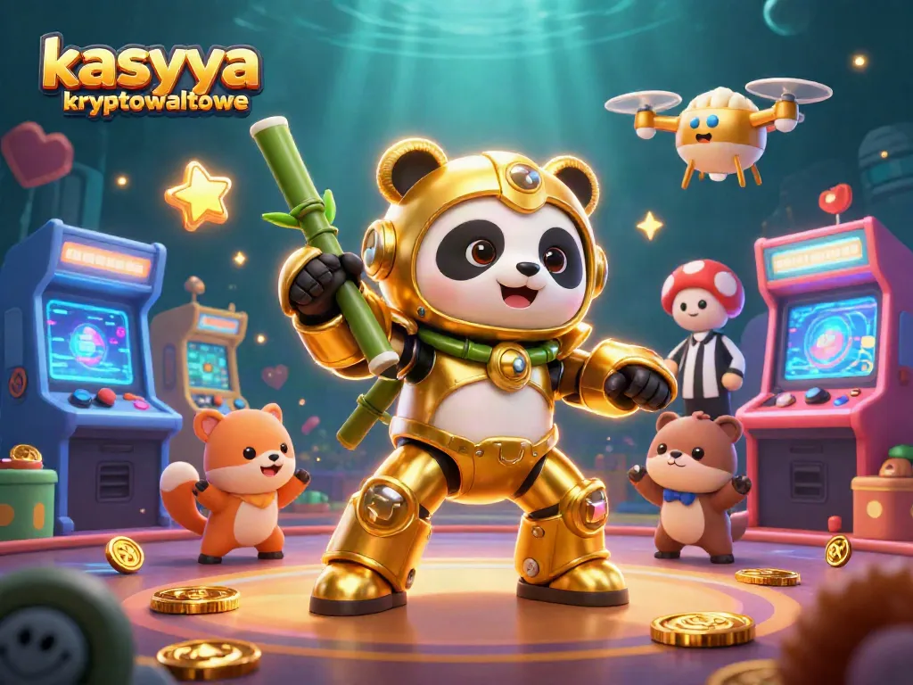 Engage in kasyna kryptowalutowe with an exciting 3D illustration of a golden panda robot in a colorful casino.