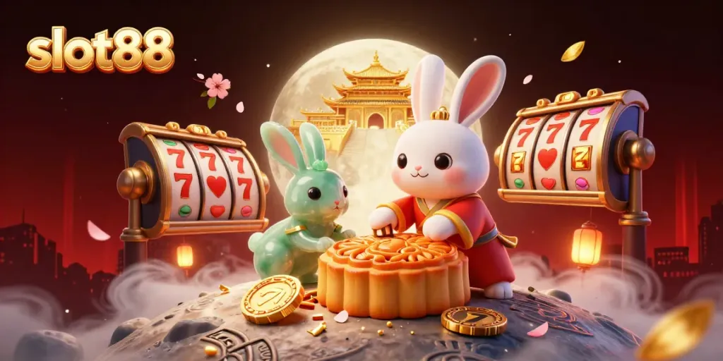 Slot88 hadir dengan ilustrasi keren yang menampilkan kelinci bulan dan simbol keberuntungan dalam suasana kasino.