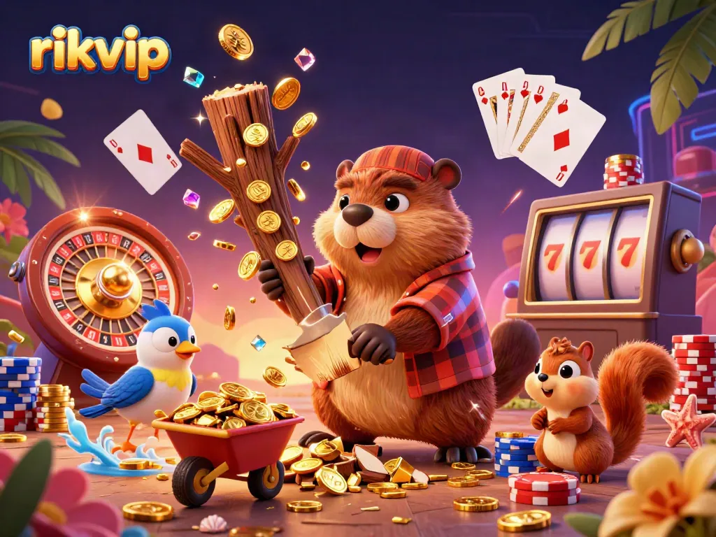 Experience thrilling moments at rikvip with golden cash raining from a chopping beaver in this vibrant digital scene.