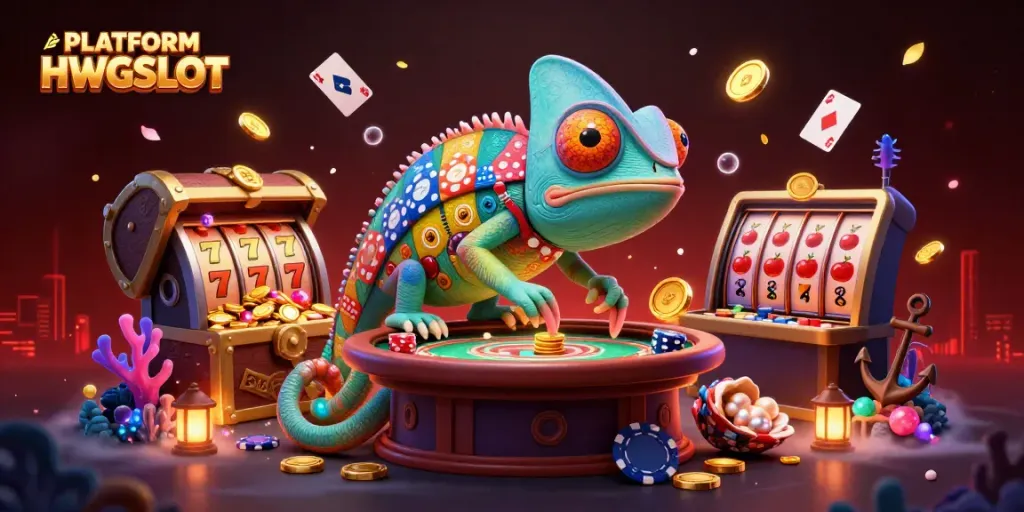 Engage with PLATFORM HWGSLOT at a vibrant casino scene filled with golden coins and exciting game elements.
