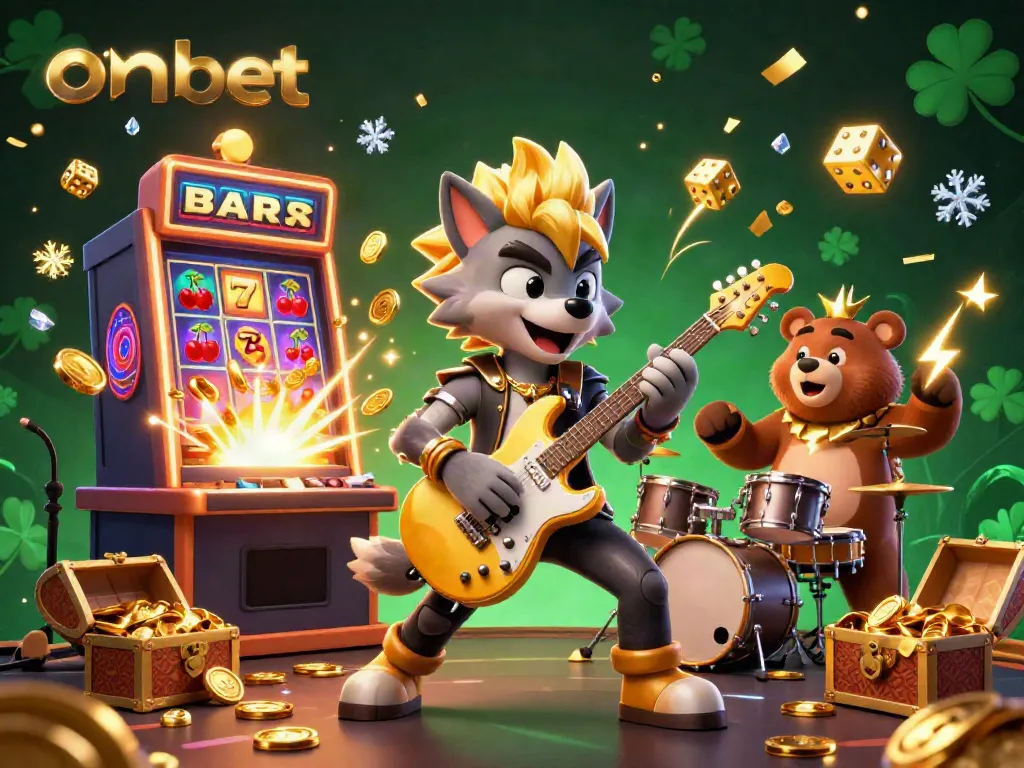 Experience onbet's vibrant casino excitement with a cartoon rock star wolf and bear drummer on stage.