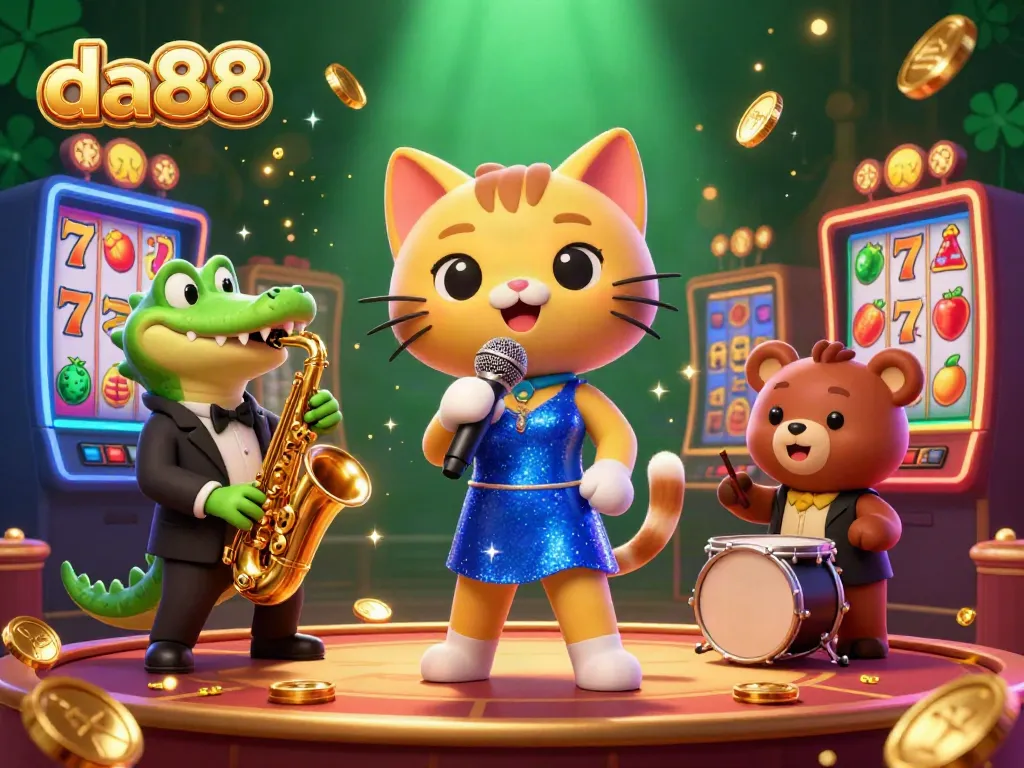 Experience the vibrant atmosphere at da88 casino featuring a musical cat, crocodile, and bear in a lively slot game setting.