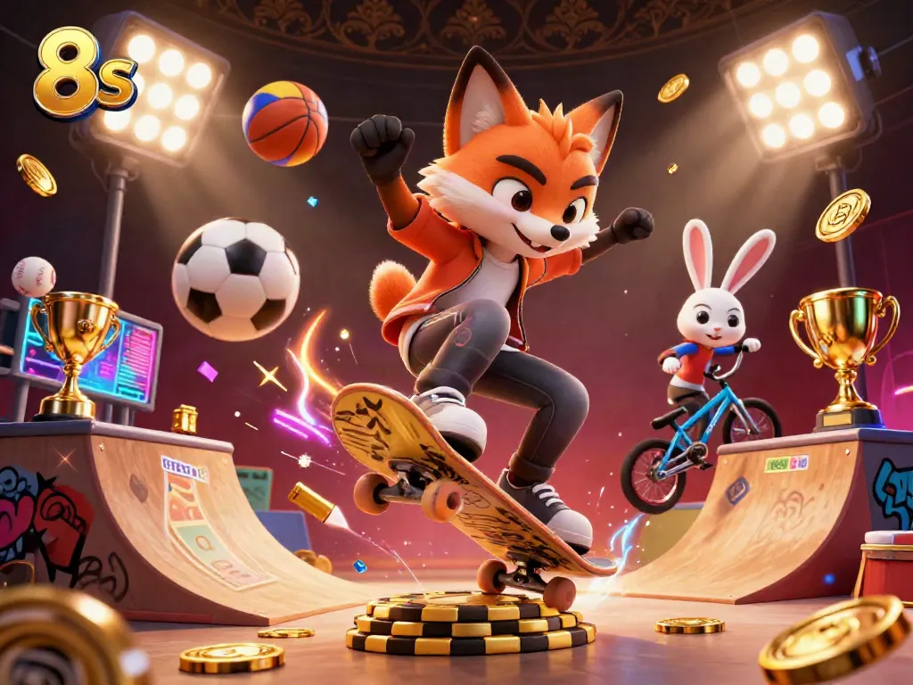 Experience a vibrant 3D casino scene with the dynamic skateboarder fox and BMX rabbit, illustrating 8s gaming excitement.