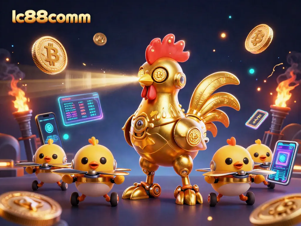 Engage in thrilling casino action with lc88comm's vibrant 3D illustration featuring a golden rooster robot and crypto symbols.