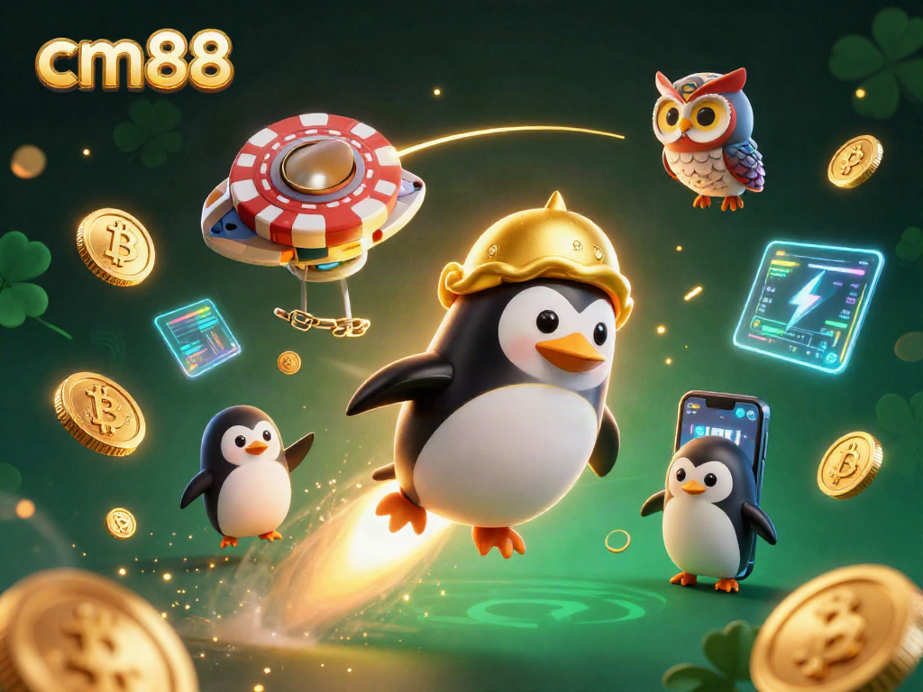 Engage in thrilling gameplay at cm88 while a golden penguin navigates a cosmic casino adventure.